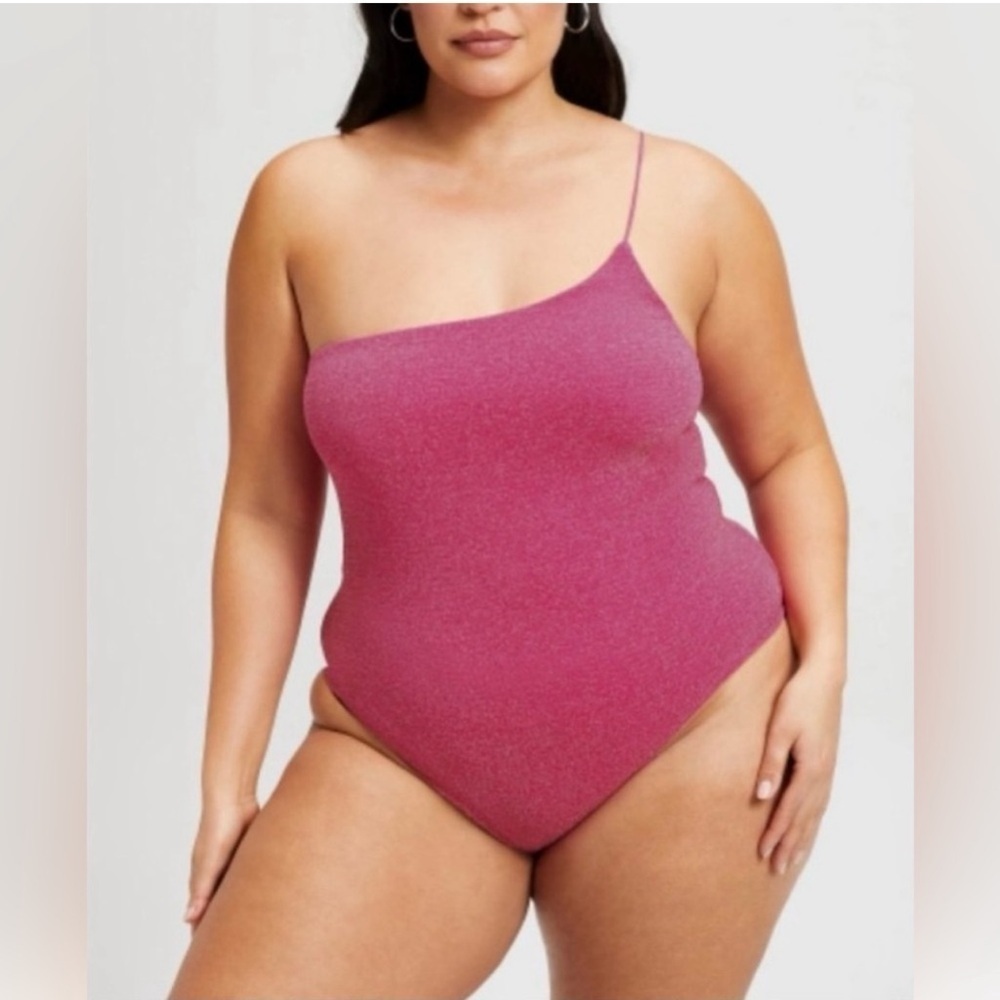 NWT‎ Good American 90s Hot One-Shoulder One-Piece Swimsuit in Hawaiian Pink